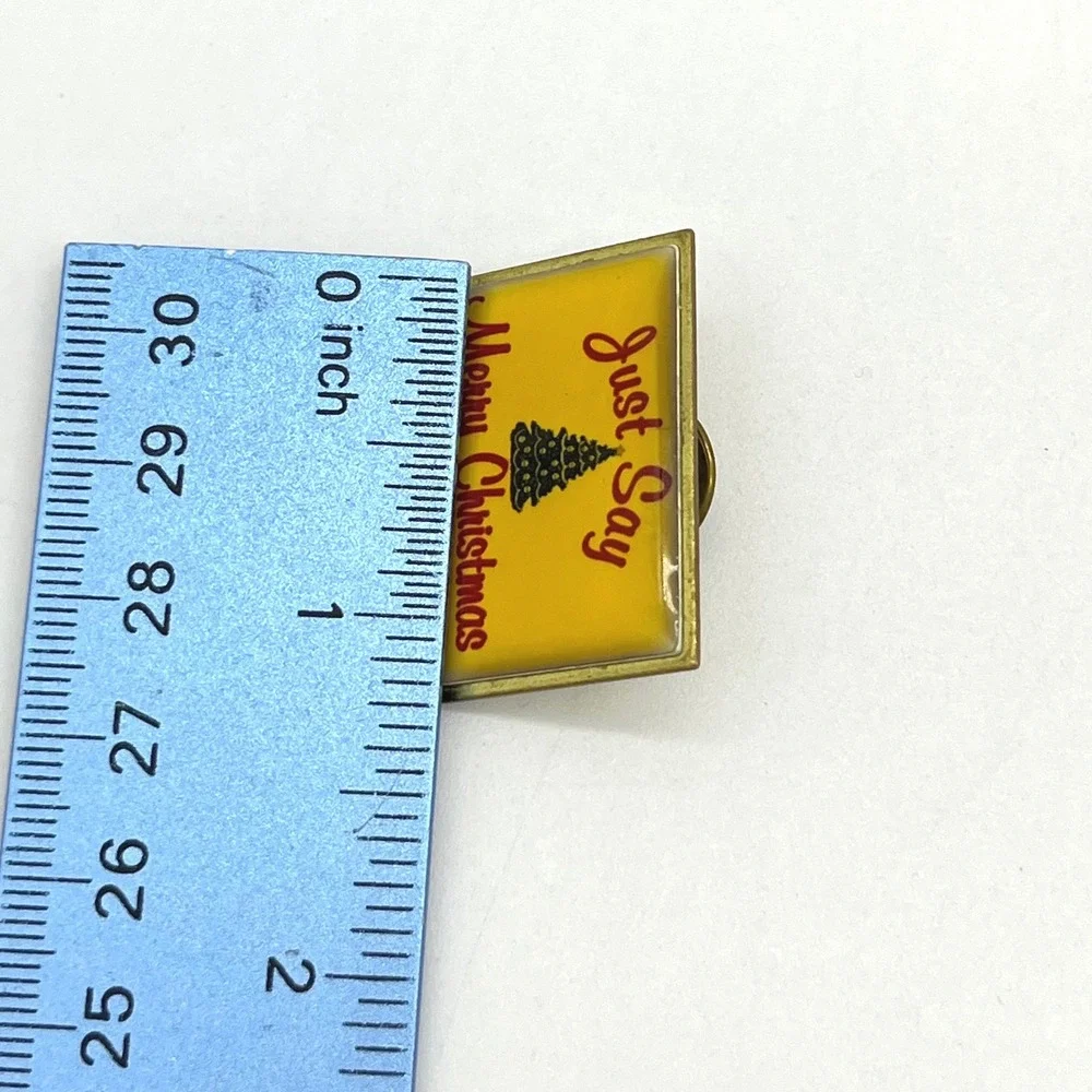 Just Say Merry Christmas Vintage Style Yellow Lapel Pin Xmas Tree Made in‎ USA